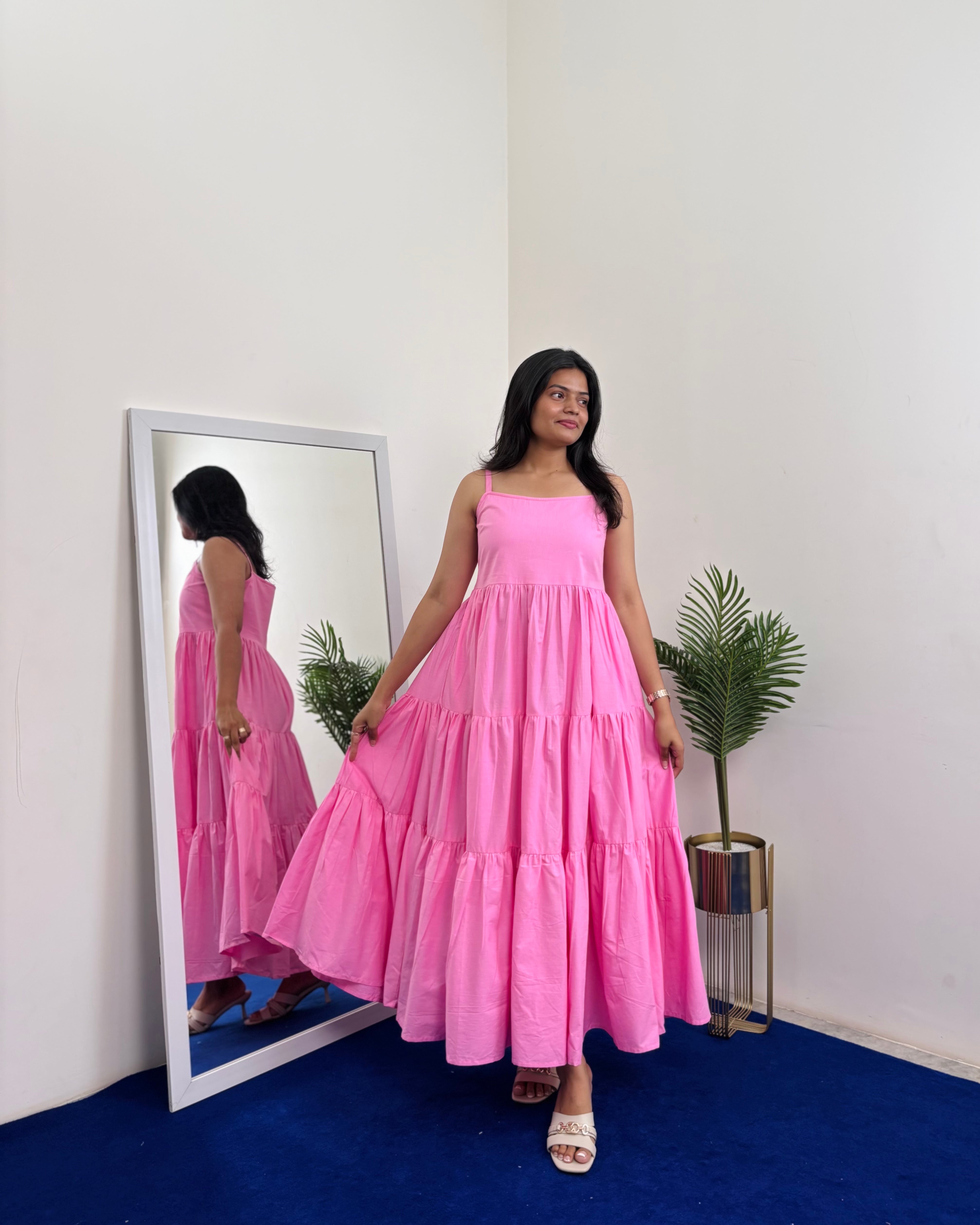 Solid Tiered Shoulder Strap Dress - Baby Pink