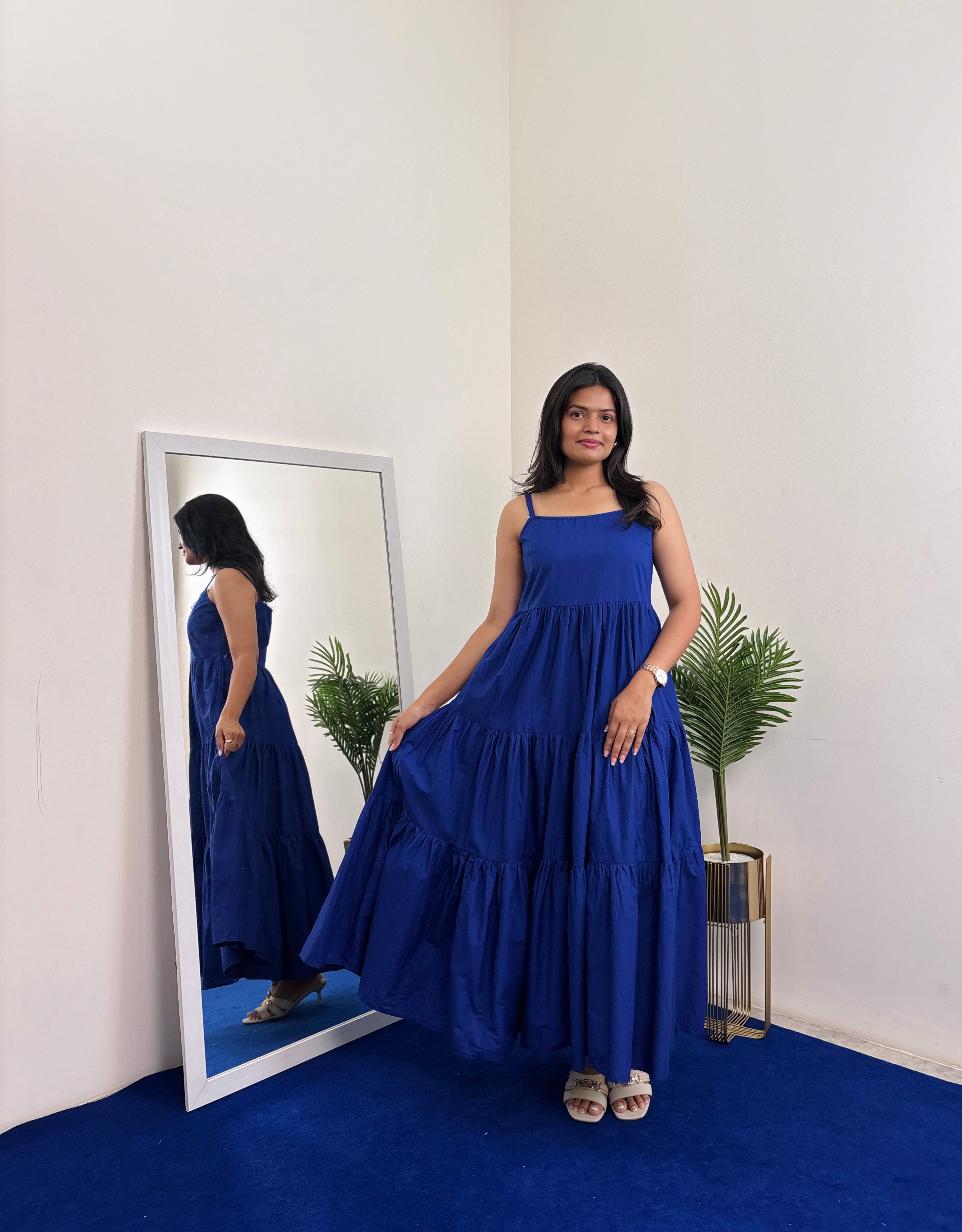 Solid Tiered Shoulder Strap Dress - Dark Blue