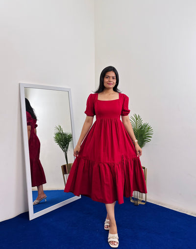 Squared Neck Sleeve Tiered Dress - Red