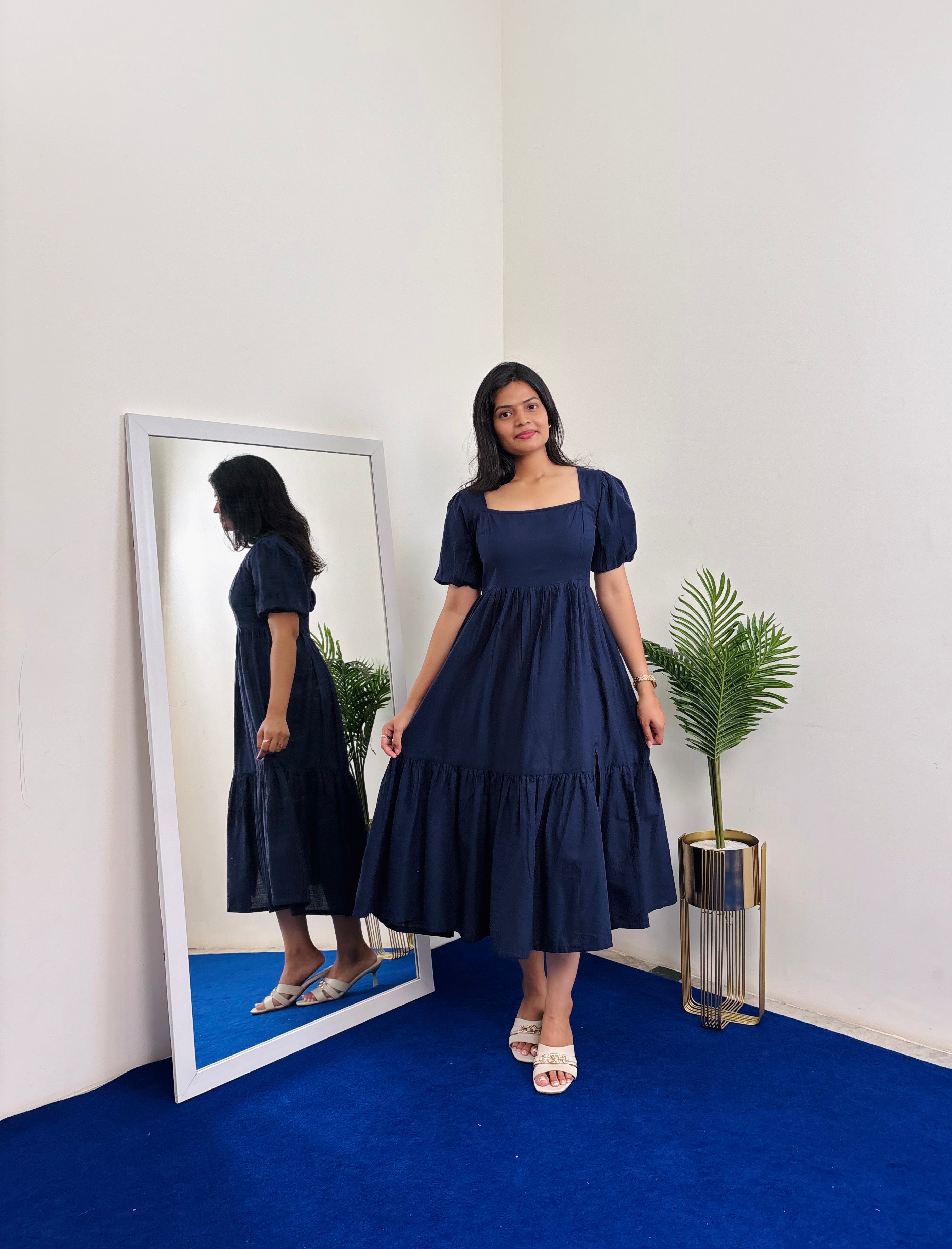 Squared Neck Sleeve Tiered Dress - Navy Blue