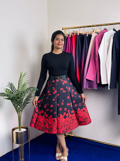 Rose Petals Print Scuba Skirt (Red)