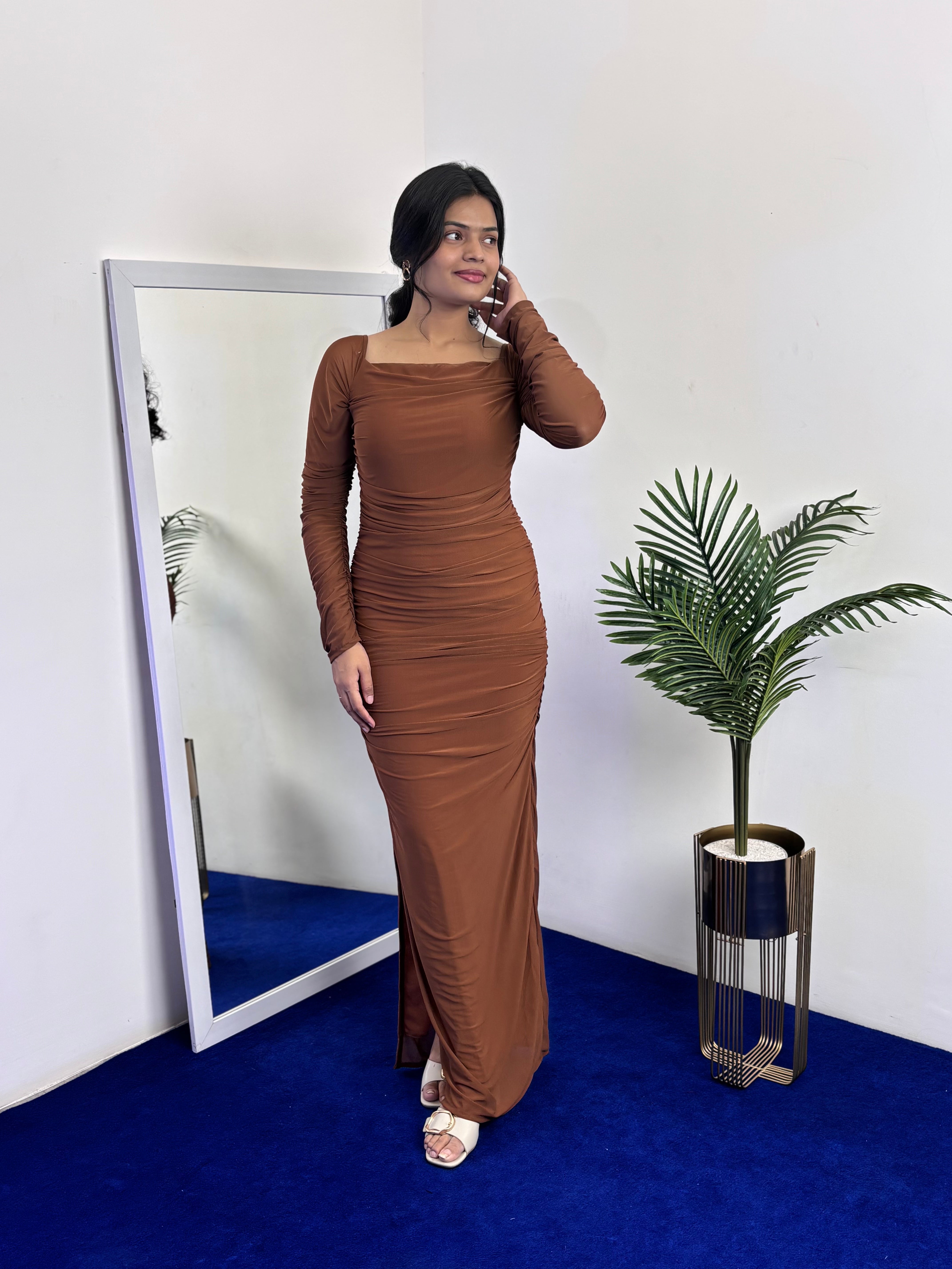 chennai ruched dress Velvet maroon, maximum drama. , Our maroon Vneck maxi length party dress with a ruched waist and side slit is made for evenings when you want all eyes on you., Mish, Seasons Mall, 1st Floor,